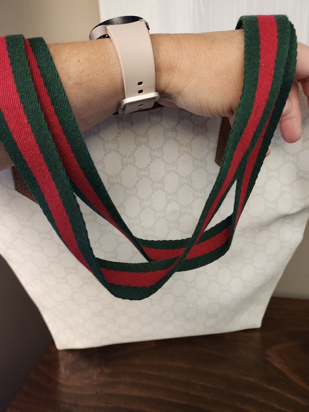 Gucci GG Plus White And Tan Sherry Line Supreme Tall Tote With Web Straps - Picture 13 of 16